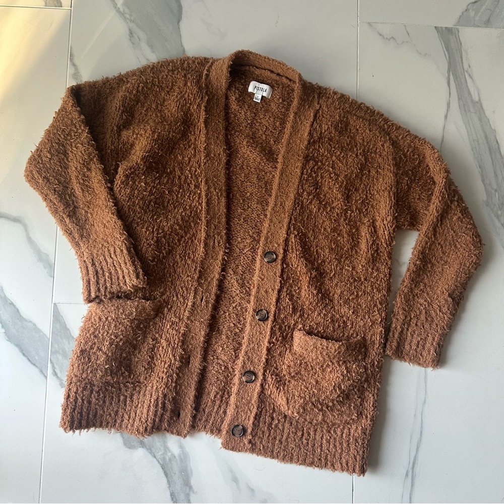 Pistola Grant Teddy Button Front Fuzzy Long Cardigan Brown Cognac Size Small